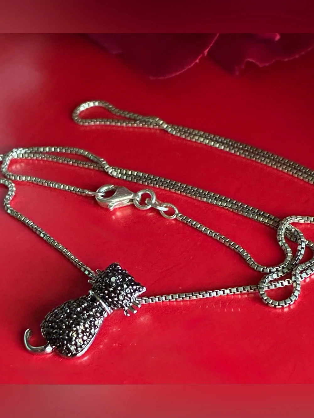 925 Silver Necklace,Black Crystal Cat Pendant Necklace - Women's Jewelry 17”